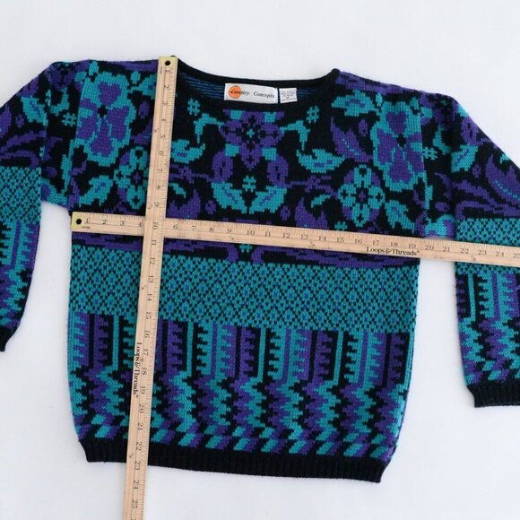 Vintage Country Concepts Black Purple Eclectic Grandma Knit Scoop Neck Sweater M - Picture 4 of 9